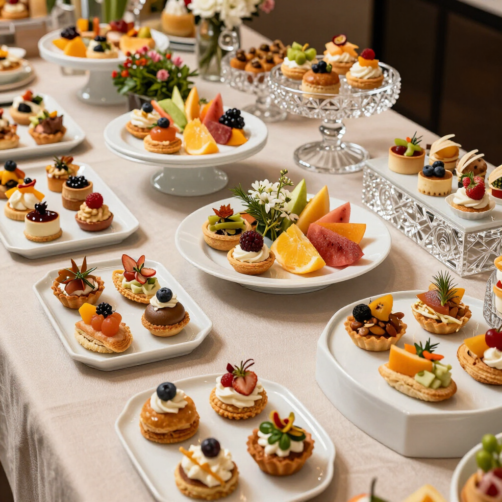 Une table de buffet recouverte de nappes blanches est dressée avec un assortiment de tartelettes aux fruits miniatures, de pâtisseries et de fruits frais.