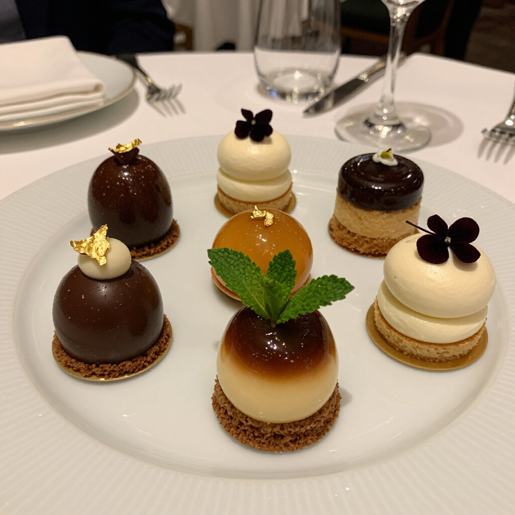 Une assiette blanche présente six desserts miniatures variés, dont des petits fours au chocolat, au caramel et à la crème.