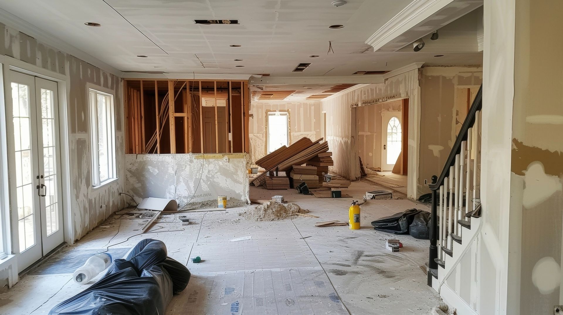 A large room in a house that is being remodeled.