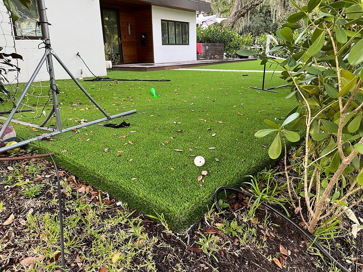 fake lawn in South Tampa, cleaned by hose before raking leaves