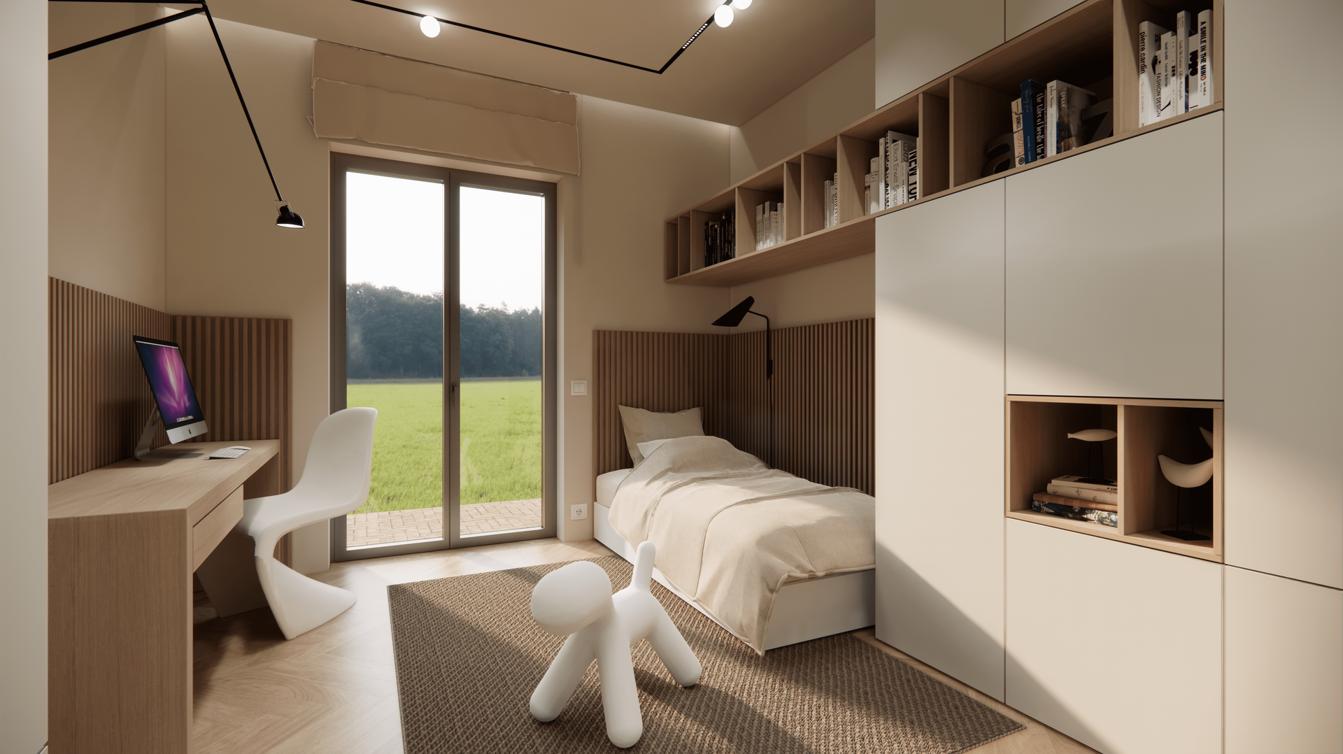 Una camera da letto con un letto singolo, una scrivania e una porta scorrevole in vetro.