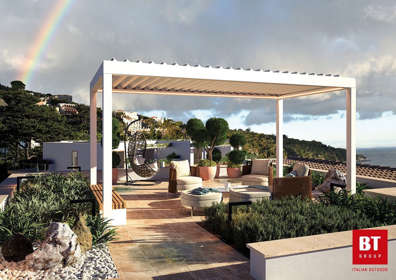 Un rendering di un pergolato con un arcobaleno sullo sfondo