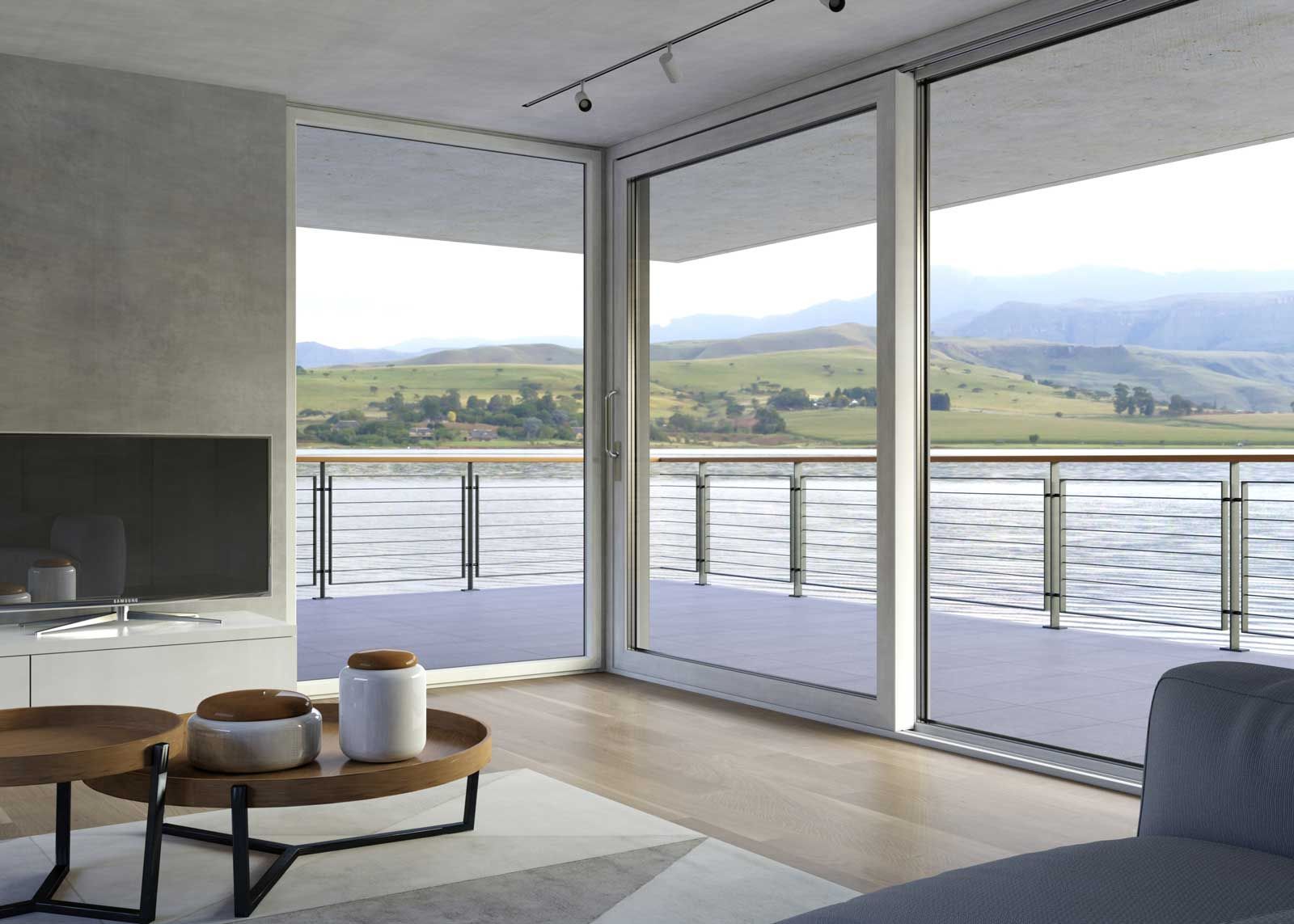 Un soggiorno con vista sul lago e sulle montagne