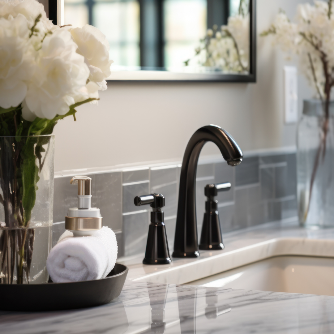 A bathroom sink with a soap dispenser and a vase of flowers