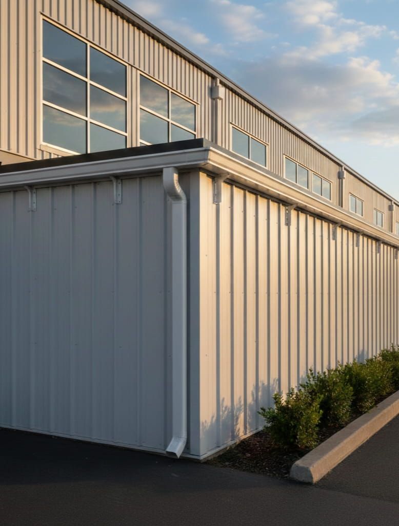 A light-colored industrial metal building with vertical siding, windows, and a gutter system during sunset.