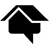 A black and white silhouette of a house with a roof and a speech bubble.