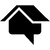 A black and white silhouette of a house with a roof and a speech bubble.