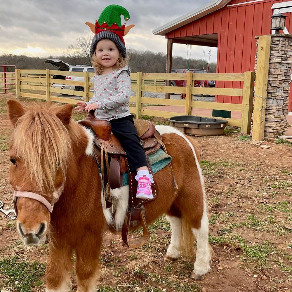 A little girl is riding a pony in a field.