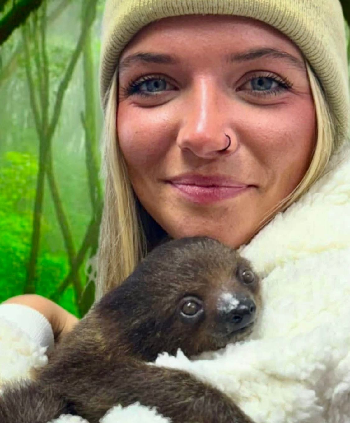 A woman is holding a baby sloth in her arms.