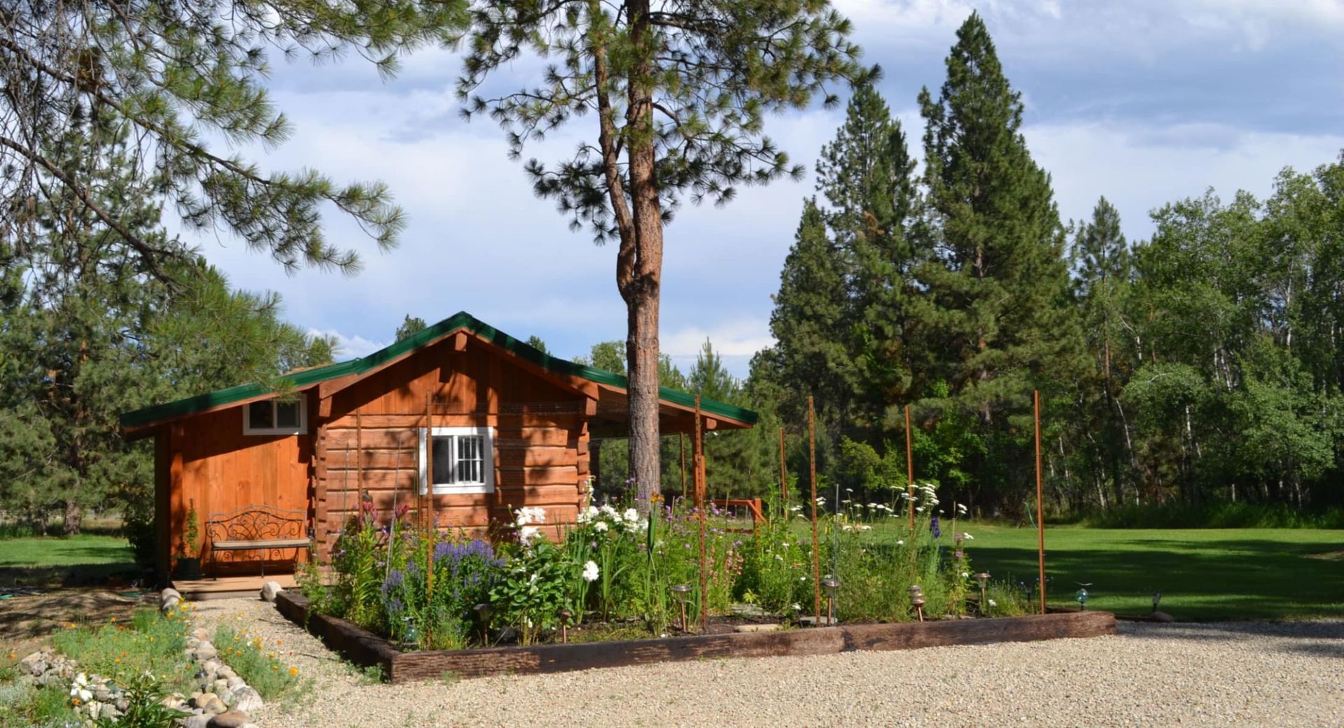 A small log cabin is sitting in the middle of a lush green field surrounded by trees.