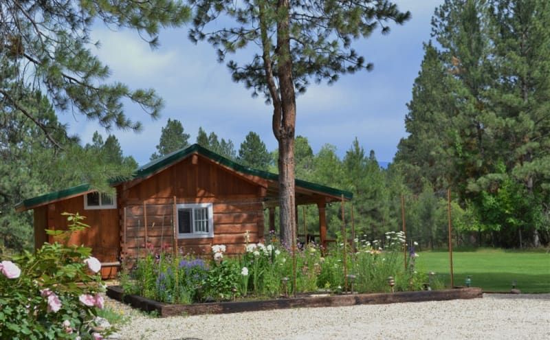 A small log cabin is surrounded by trees and flowers