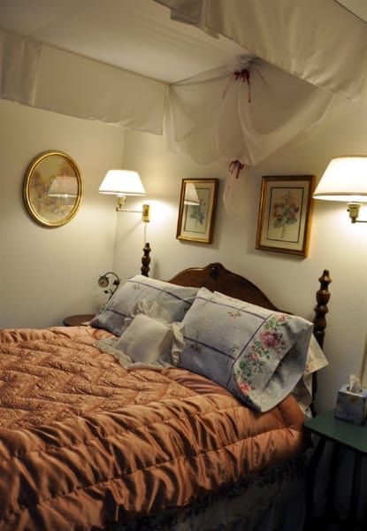 A bedroom with a canopy bed and two lamps