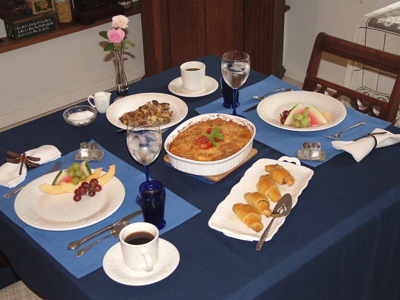 A table with plates of food and drinks on it