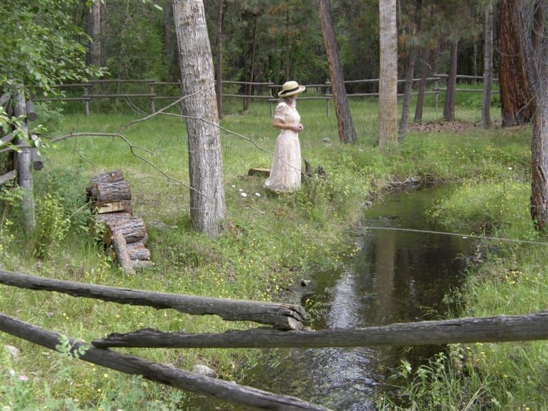 A woman in a white dress is standing next to a stream in the woods.