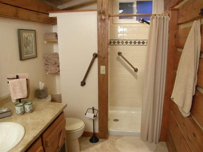 A bathroom with a toilet a sink and a shower