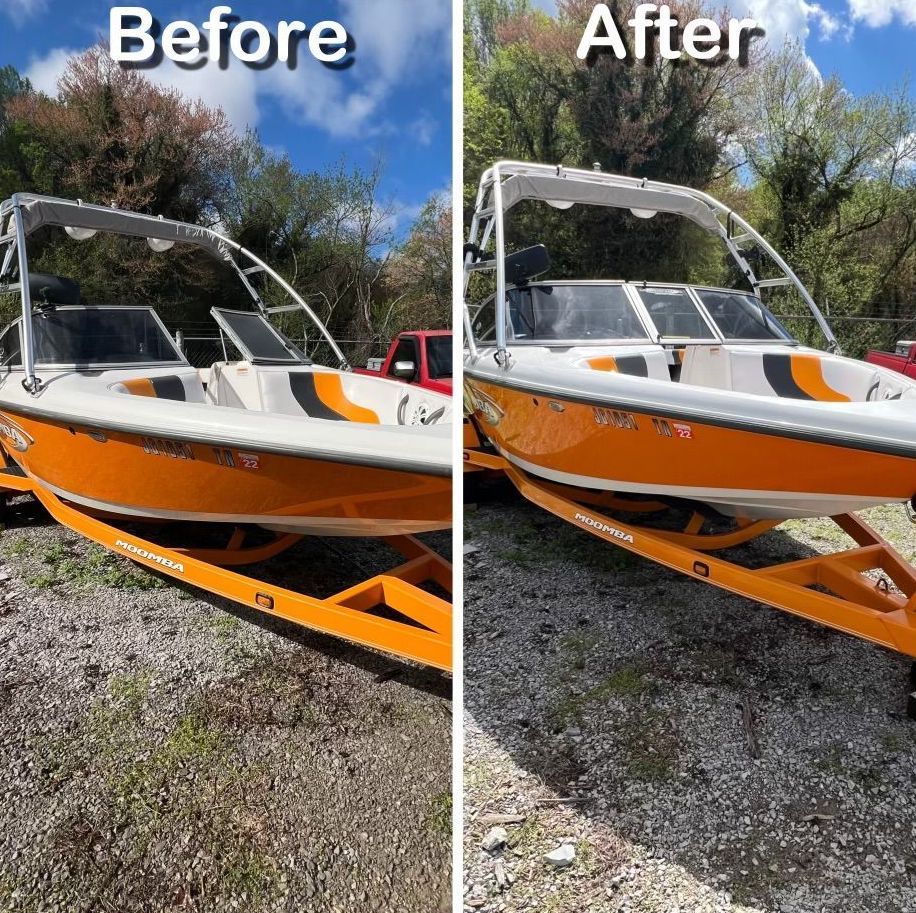 A before and after photo of a boat on a trailer.