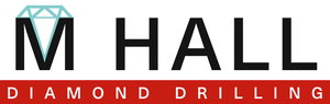 A logo for m hall diamond drilling with a diamond in the middle