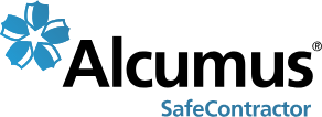 The alcus safe contractor logo has a blue flower on it.