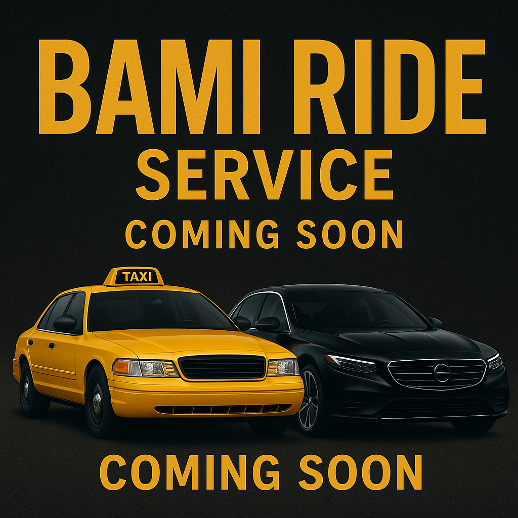 A taxi and a car are on a poster that says bami ride service coming soon