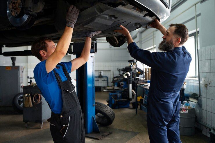 Two mechanics are working on a car in a garage.