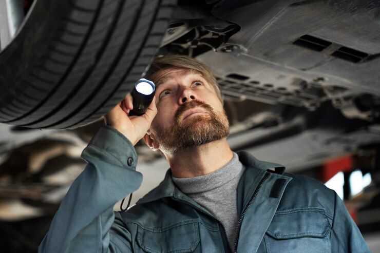 A man is looking under a car with a flashlight.