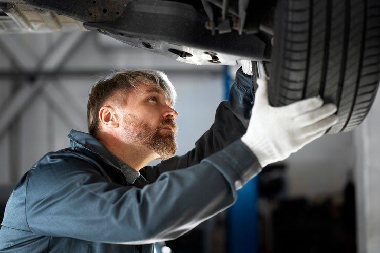 A man is holding a tire under a car in a garage.