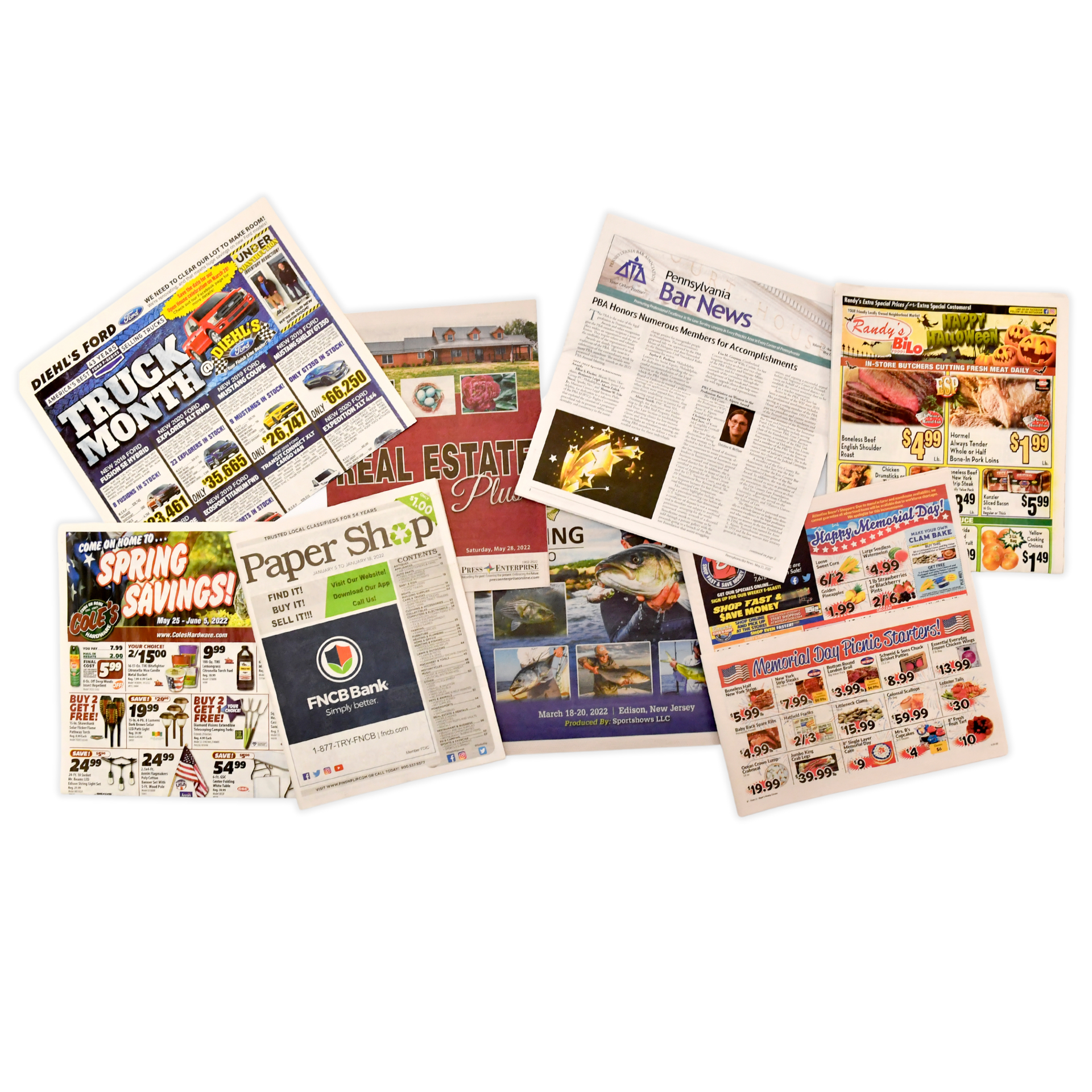 A bunch of newspapers are stacked on top of each other on a white background by press enterprise commercial printing