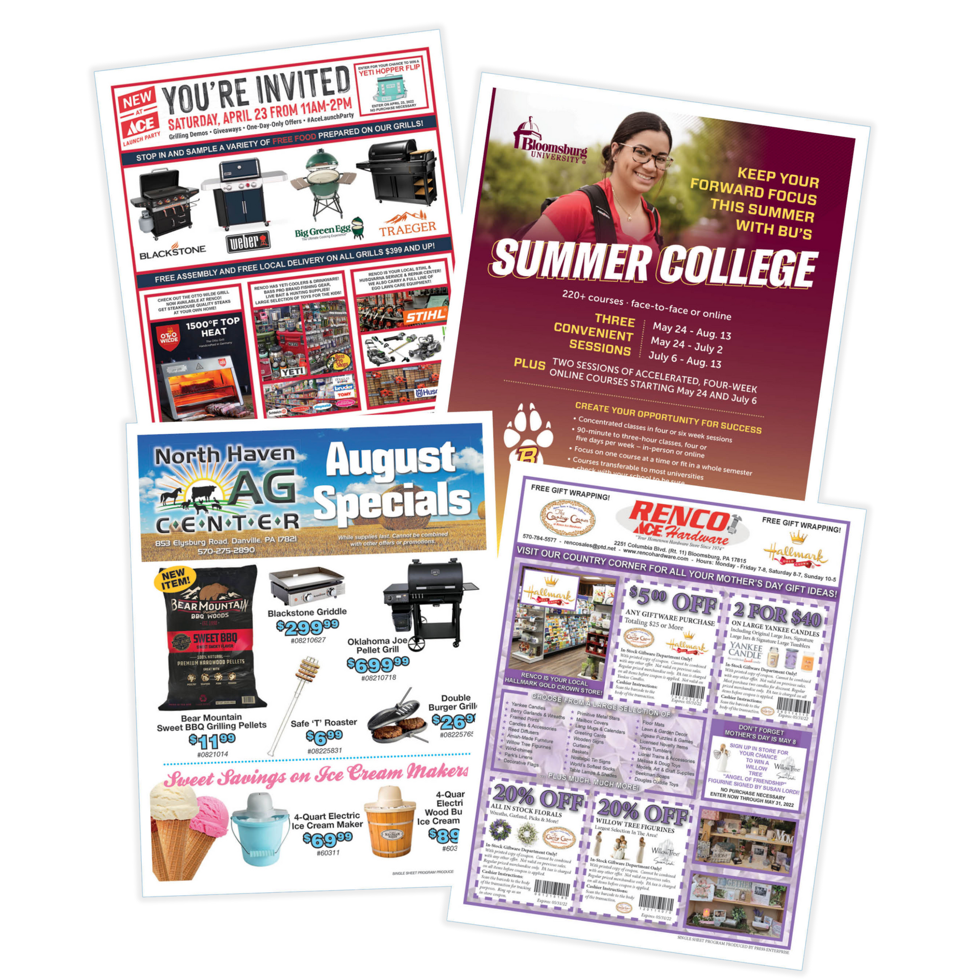 A bunch of flyers are sitting on top of each other on a white background by Press Enterprise Commercial Printing
