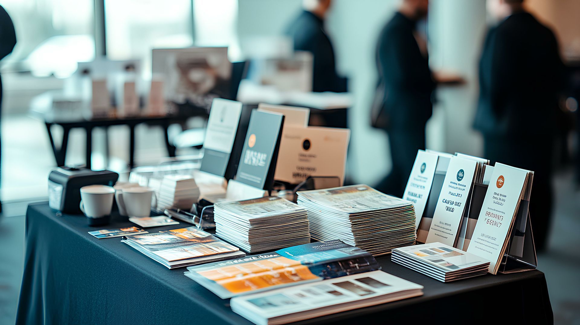 A table with a lot of books and brochures on it.