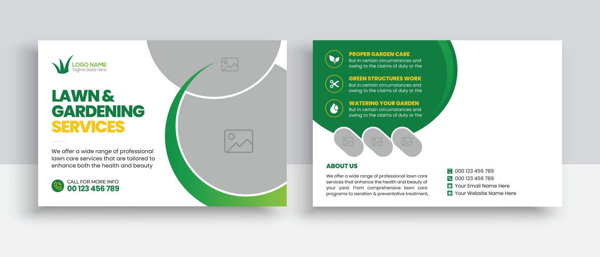 Lawn & gardening services flyer with green and white design. Shows contact info, services, and image placeholders.