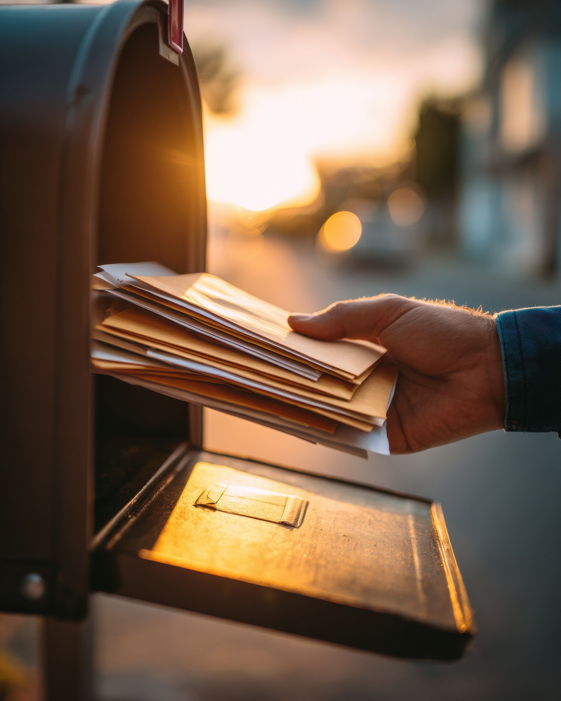 Hand placing envelopes into a roadside mailbox at sunset