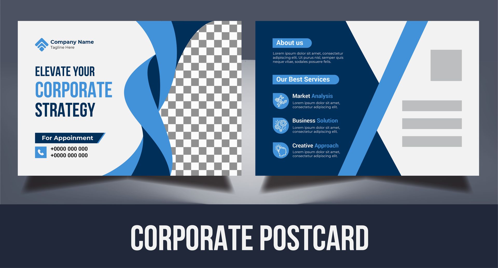A two-sided blue and white corporate postcard design featuring abstract curves, text placeholders, and contact details.
