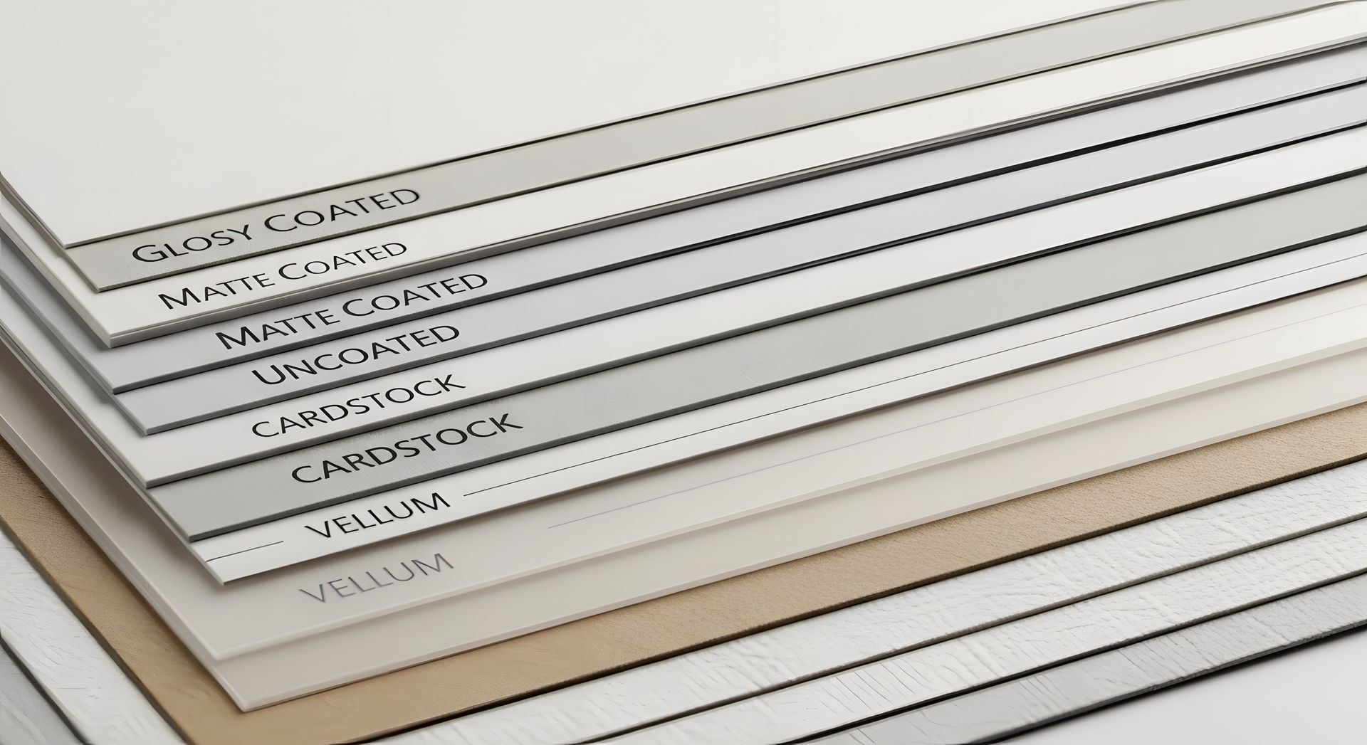Stack of white forms with black labels, slightly fanned out on a light surface.