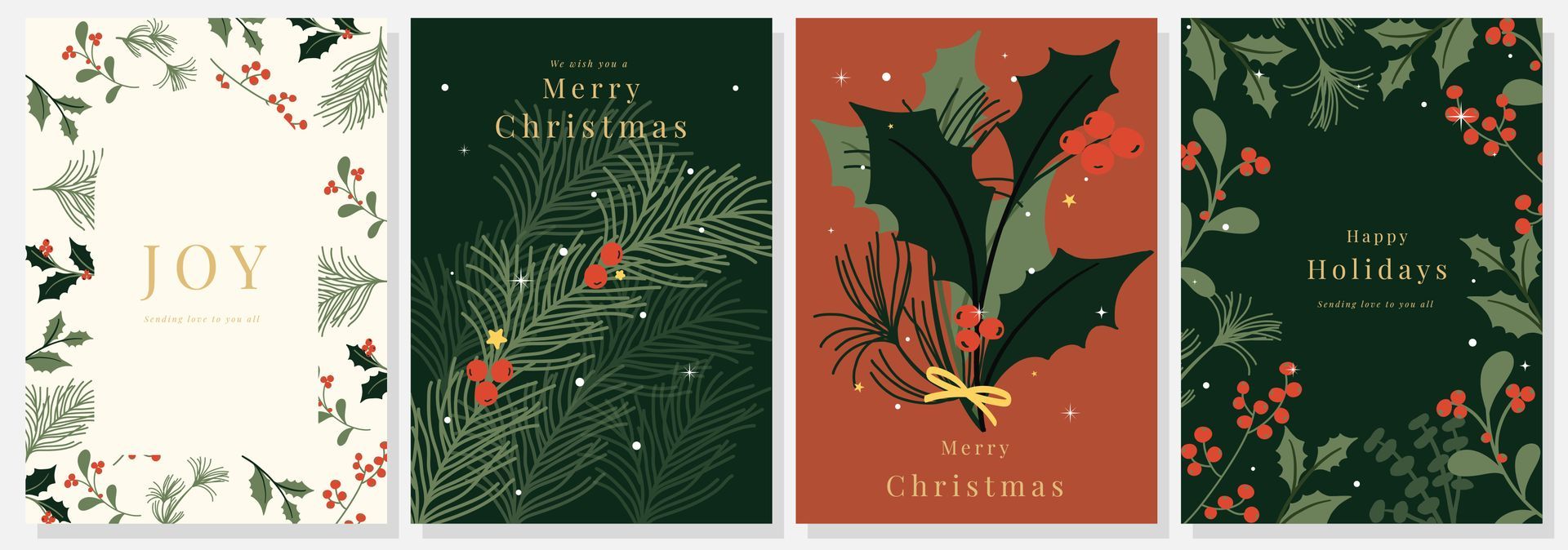 Four holiday cards with floral designs: Joy, Merry Christmas, holly, and Happy Holidays.