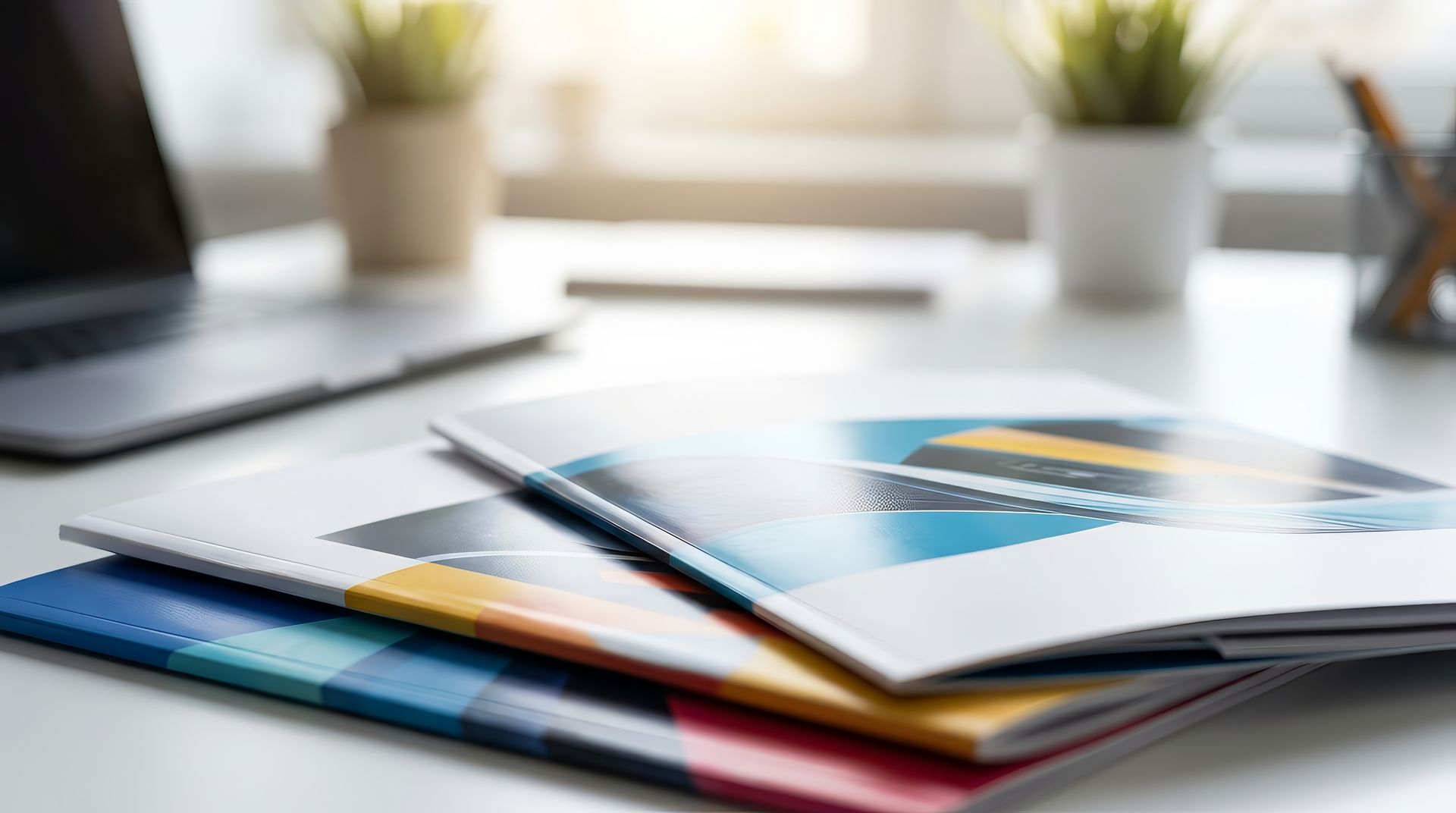 Stack of colorful business brochures on a desk with a blurred laptop and potted plants in the background