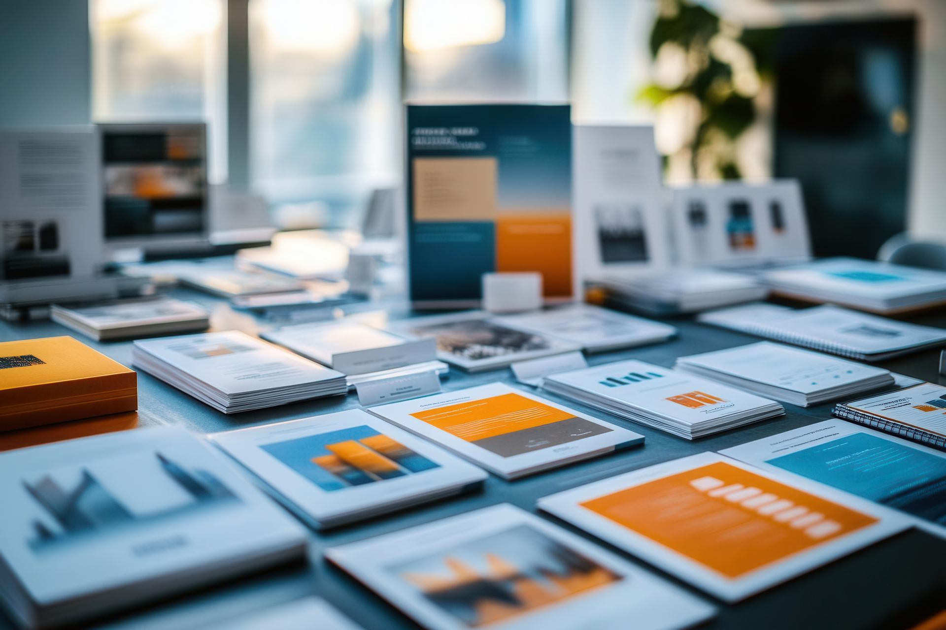 Brochures and documents on a table, with orange and blue designs. Sunlight streams in.