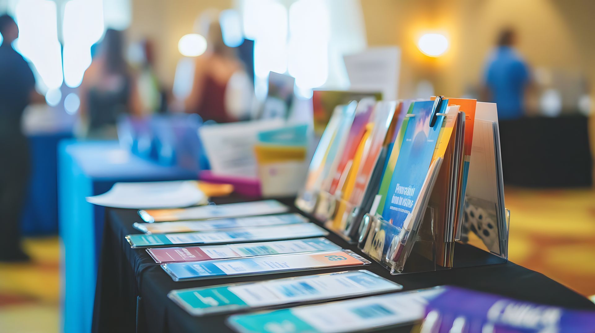 Table with promotional materials in a brightly lit exhibition hall, colorful background, people blurred in the background.