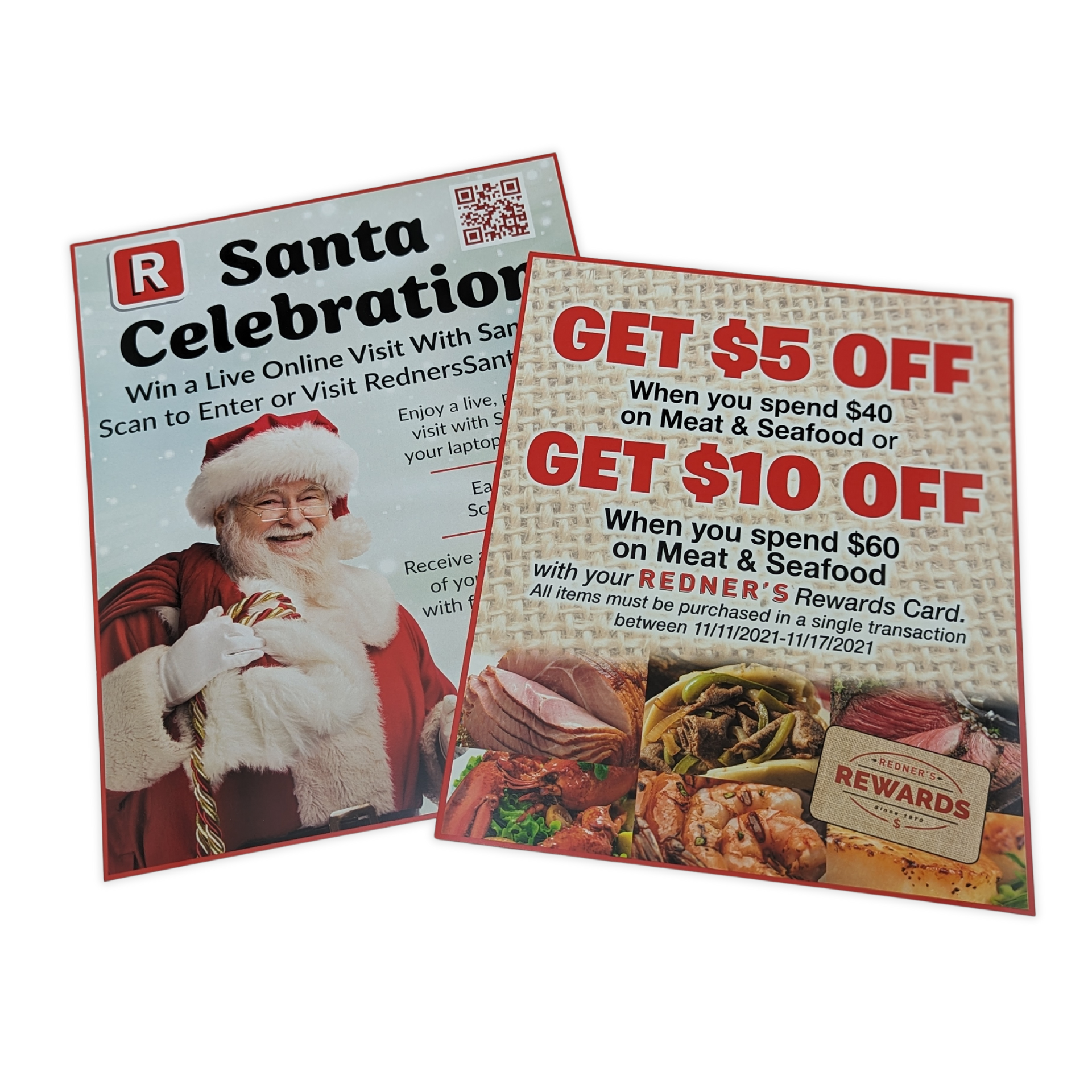 A santa celebration flyer and a get $ 5 off flyer by press enterprise commercial printing