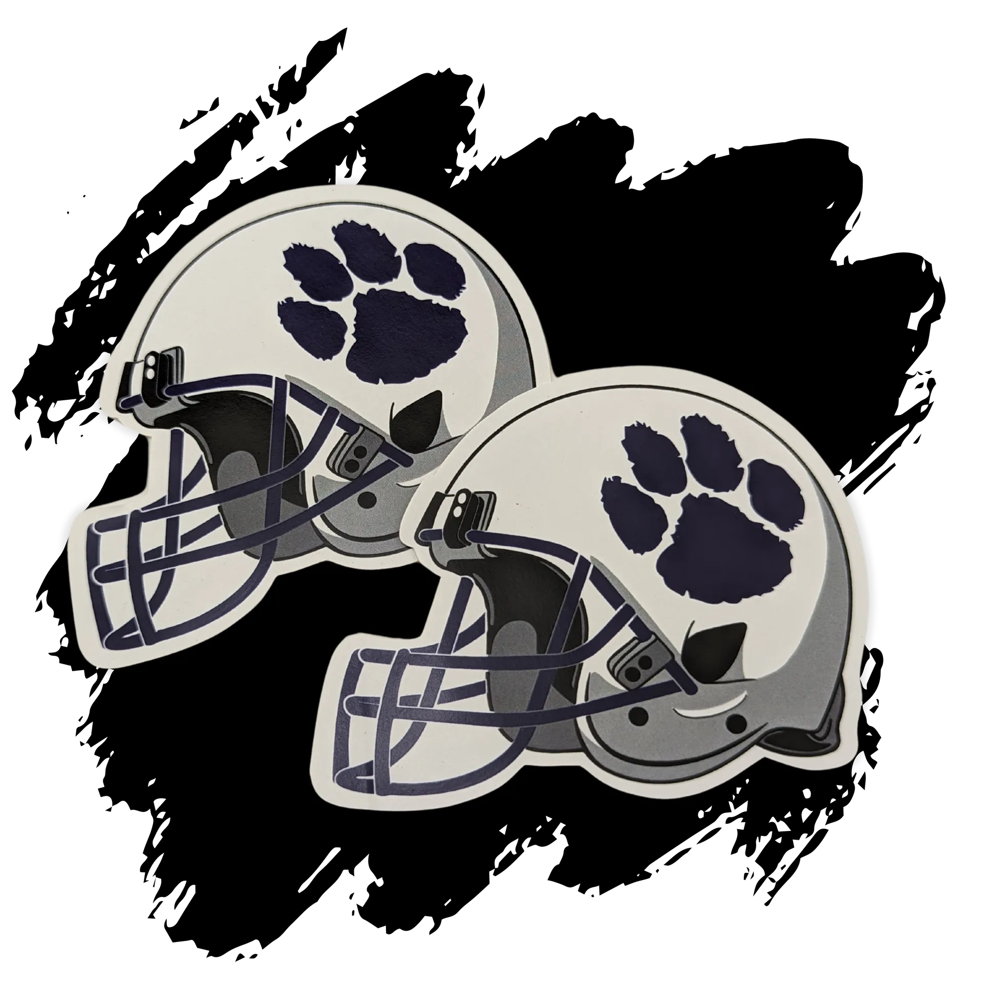 Two football helmets with paw prints on them on a black background.