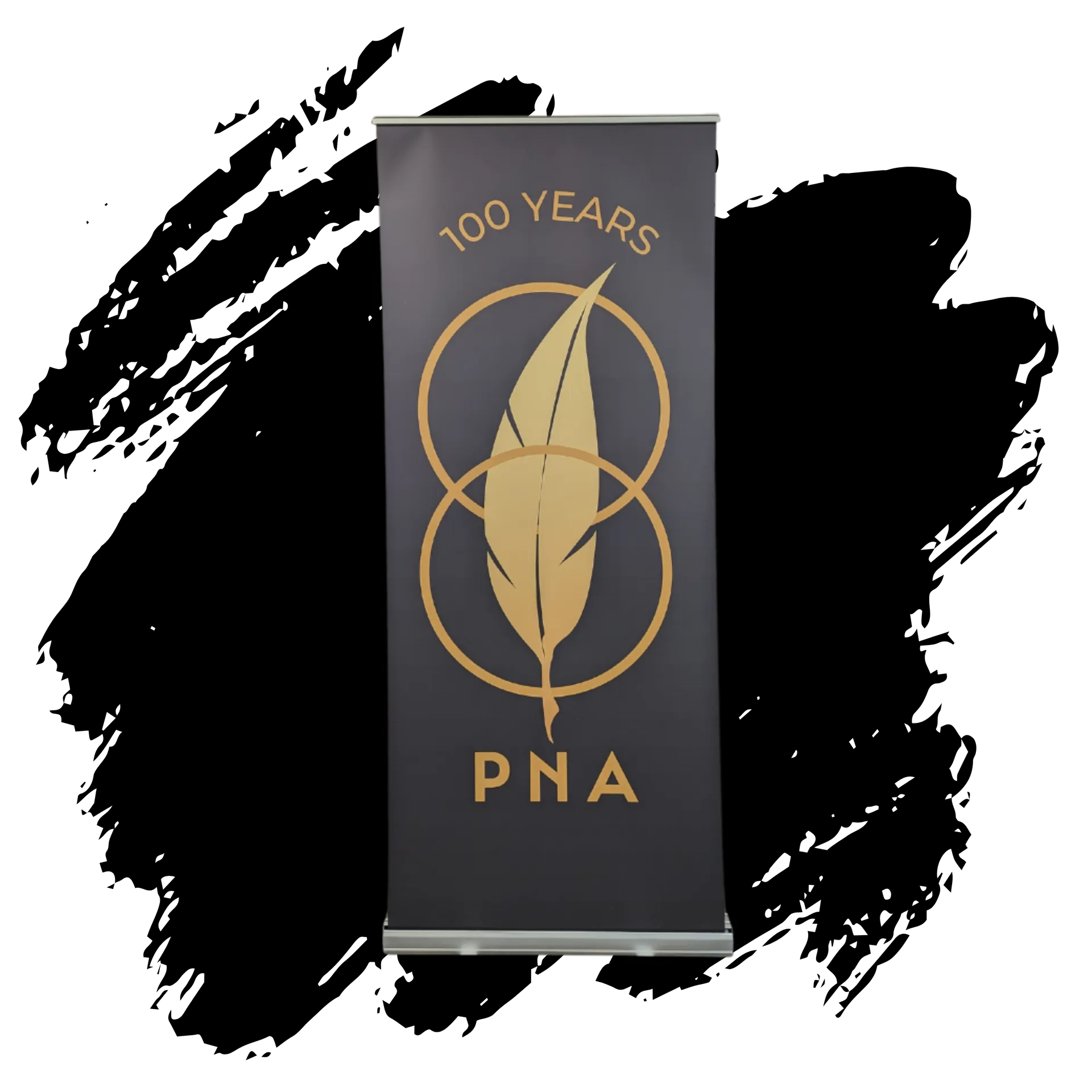A black banner with a gold feather and the words `` 100 years pna '' on it.