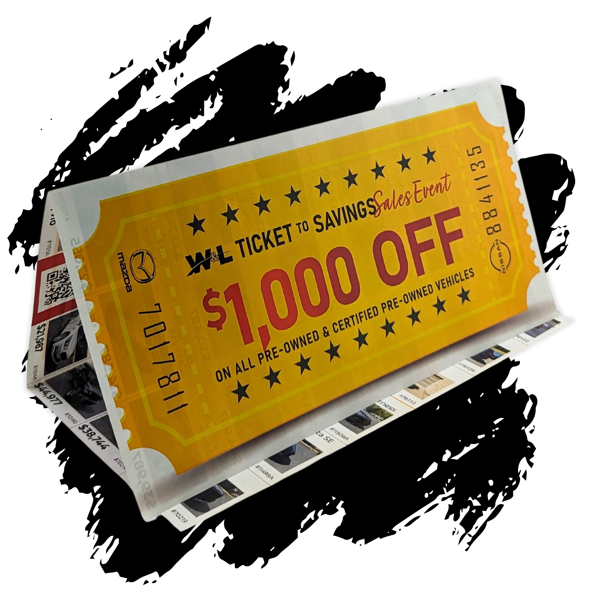 A yellow ticket that says $ 1,000 off on it