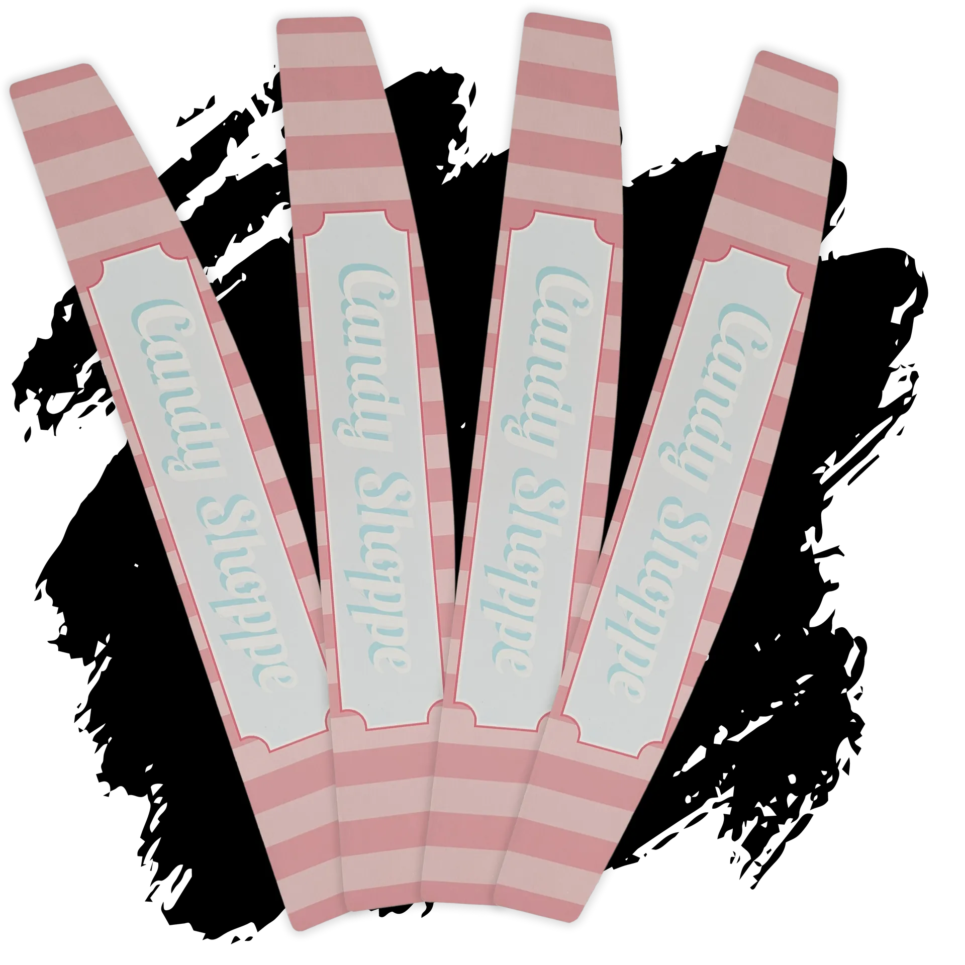 Four pink and white stripped candy sticks with candy steppe written on them