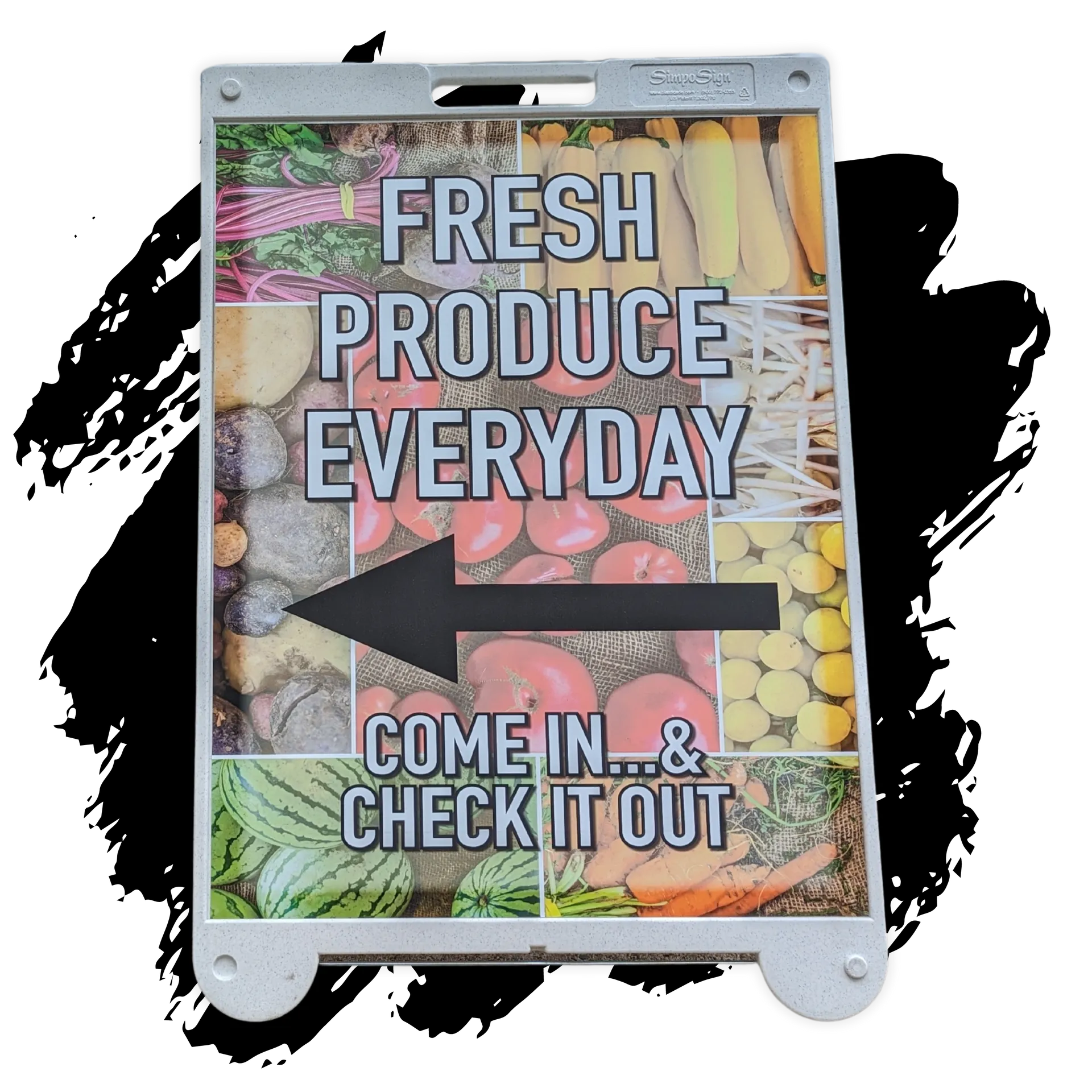 A sign that says fresh produce everyday come in and check it out