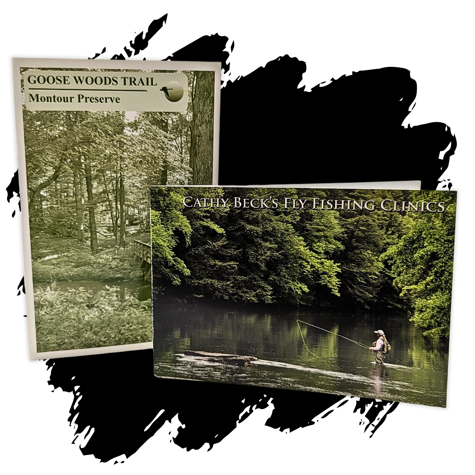 A book titled goose woods trail and a book titled willy beck 's fly fishing clinics