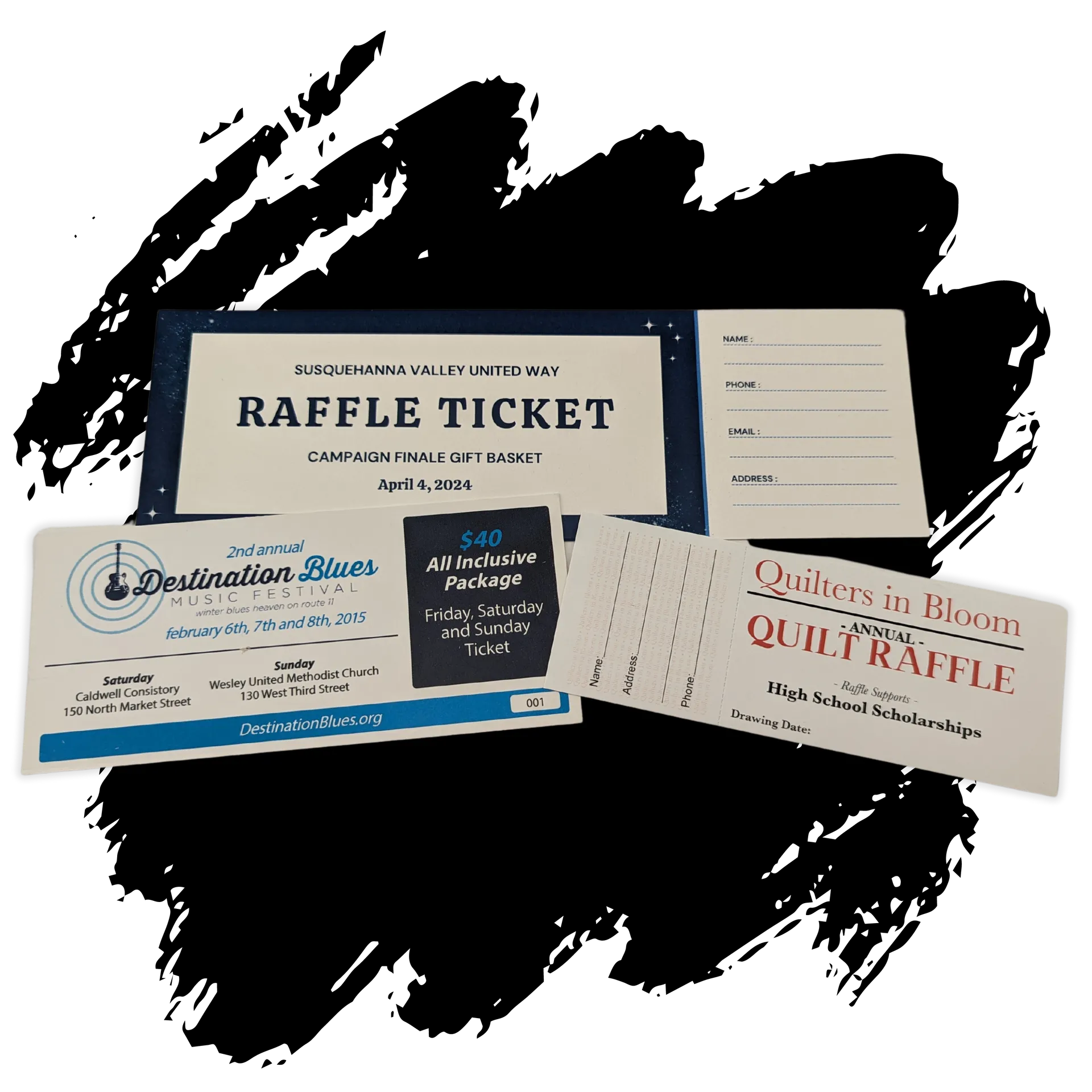 A raffle ticket for destination blues and a quirky raffle ticket
