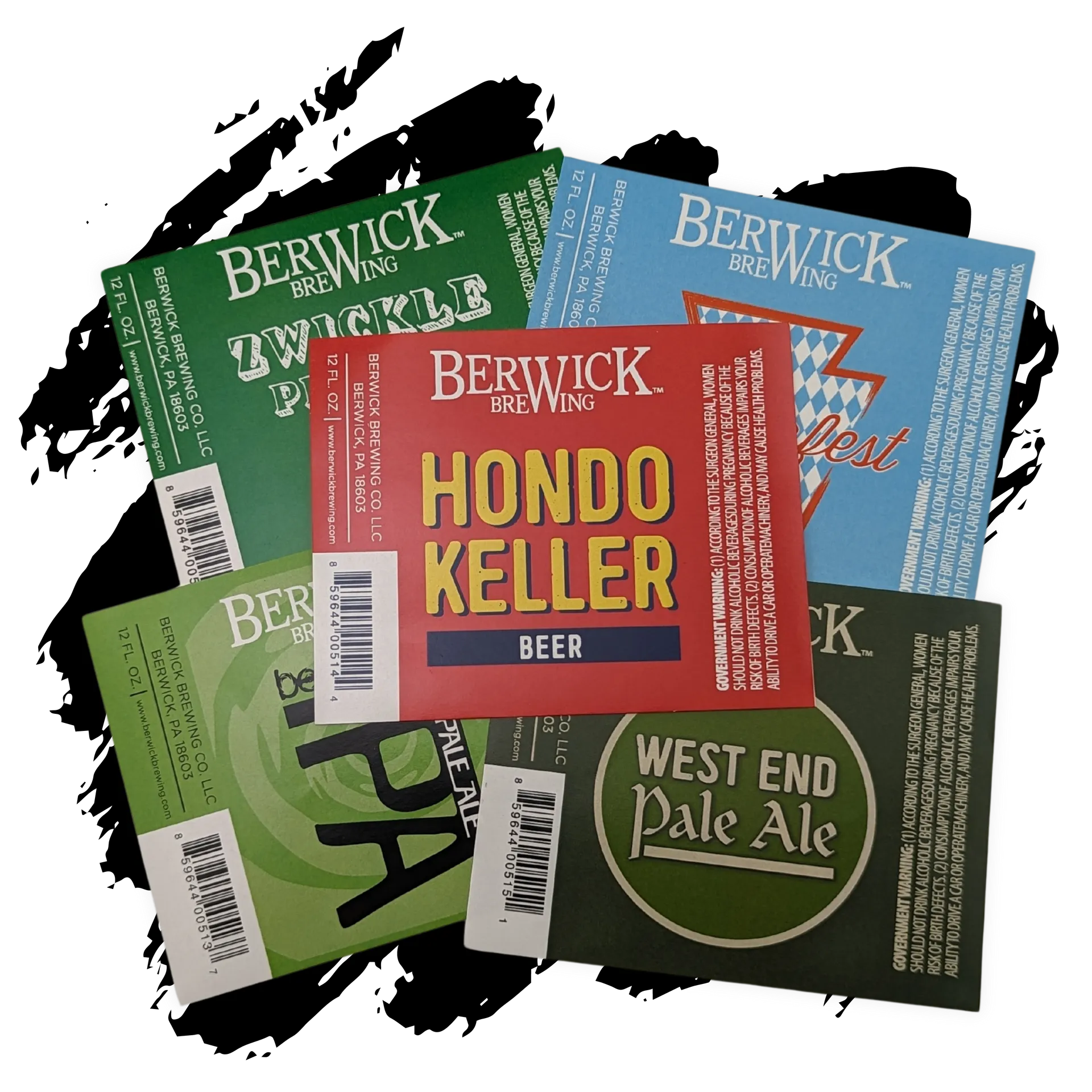 A bunch of beer labels including hondo keller and west end pale ale