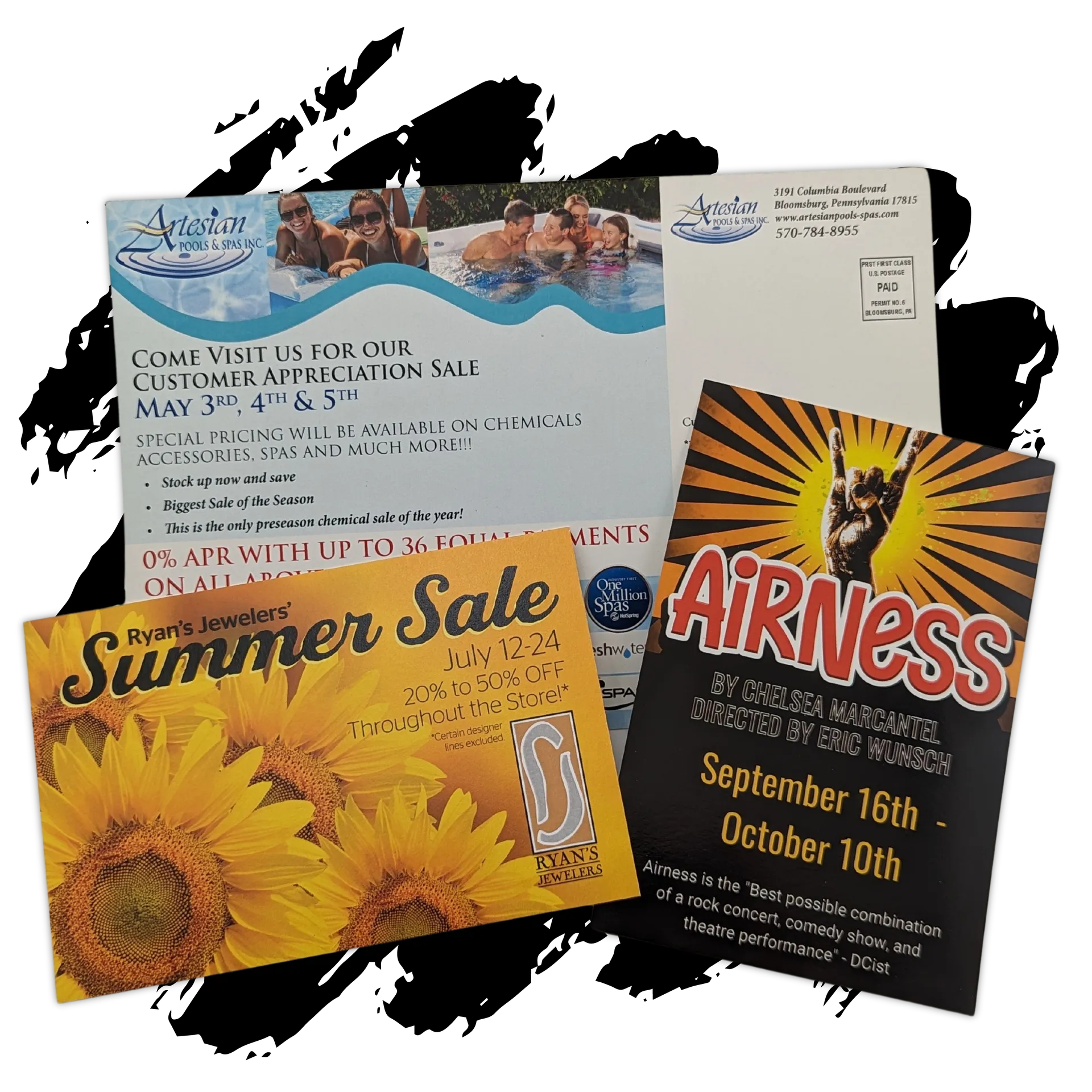A bunch of flyers including one that says summer sale