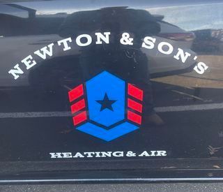 A newton & son 's heating and air logo on a car window