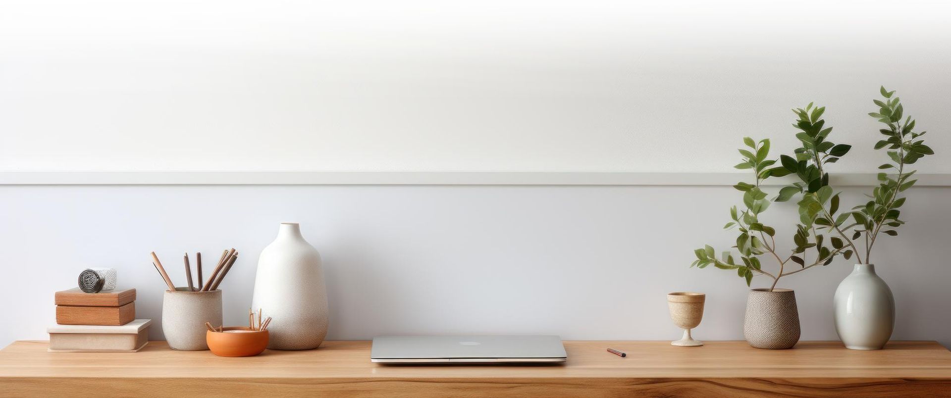 A wooden desk with a laptop and vases on it.