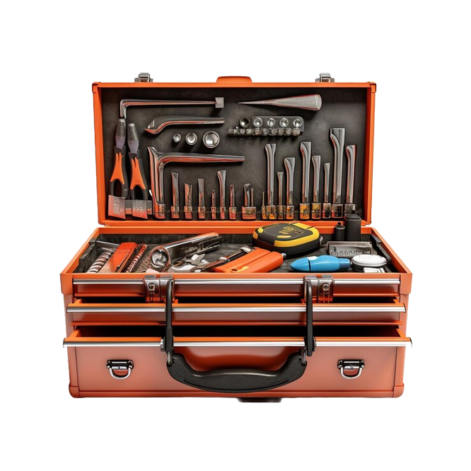 A toolbox filled with lots of tools on a white background.